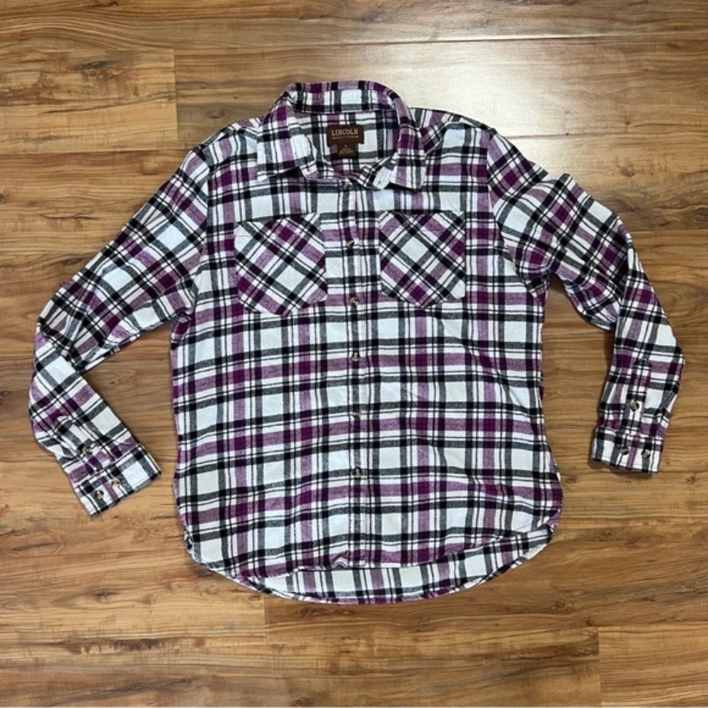 Lincoln Outfitters Shirt Women Size Large Black White‎ Purple Flannel Button Up